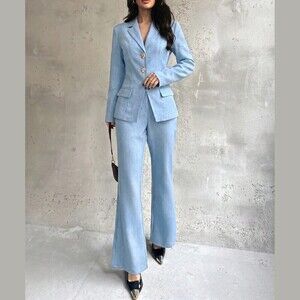 Sky Blue Notch Lapel Blazer and Flare Pants Two Piece Pant Suit Set